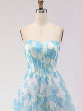 Blue Floral Print Strapless Corset Tiered A-Line Prom Dress