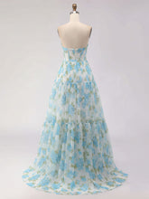 Blue Floral Print Strapless Corset Tiered A-Line Prom Dress