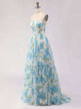 Blue Floral Print Strapless Corset Tiered A-Line Prom Dress