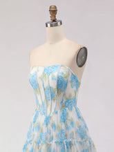 Blue Floral Print Strapless Corset Tiered A-Line Prom Dress