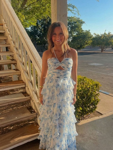 Blue Floral Ruffles Tiered Halter Prom Dress with Keyhole Cutout