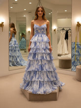 Blue Floral Spaghetti Straps Print Tiered A-Line Prom Dress