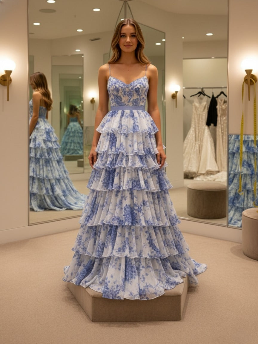 Blue Floral Spaghetti Straps Print Tiered A-Line Prom Dress