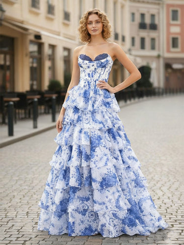 Blue Floral Strapless Chiffon Ruffle Corset Prom Dress with Slit
