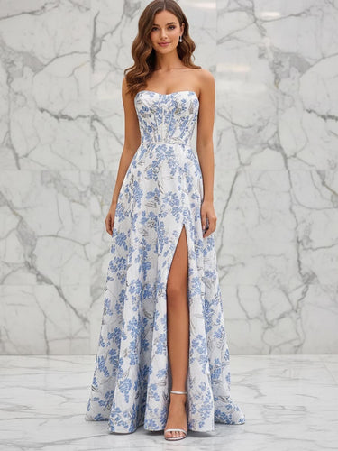 Blue Floral Strapless Corset Prom Dress with Slit