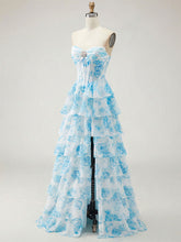 Blue Floral Strapless Tiered Ruffle Corset Prom Dress with Slit