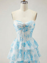 Blue Floral Strapless Tiered Ruffle Corset Prom Dress with Slit