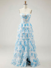 Blue Floral Strapless Tiered Ruffle Corset Long Prom Dress with Slit
