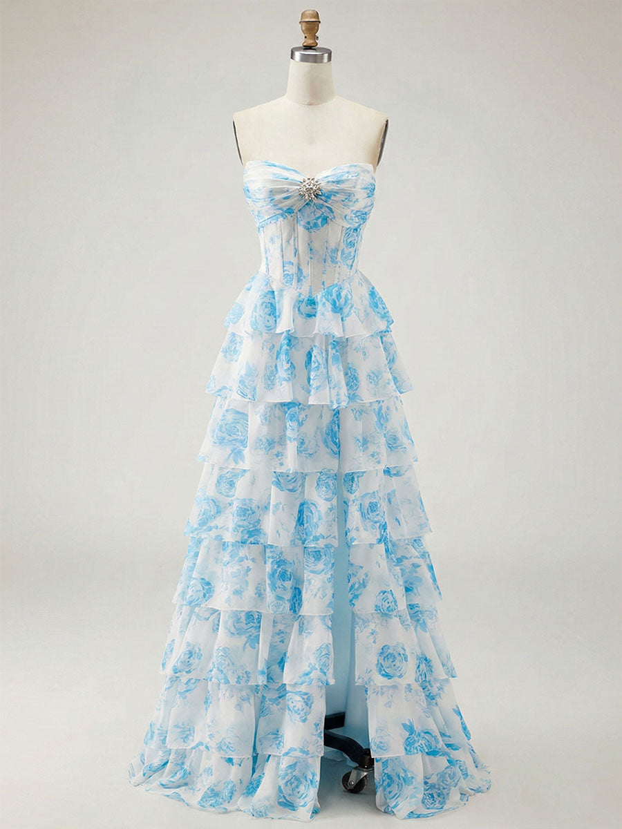 Blue Floral Strapless Tiered Ruffle Corset Prom Dress with Slit