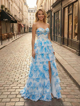 Blue Floral Strapless Tiered Ruffle Corset Long Prom Dress with Slit