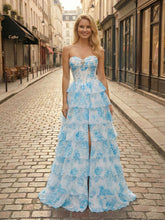 Blue Floral Strapless Tiered Ruffle Corset Long Prom Dress with Slit