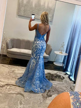 Blue Floral Sweetheart Spaghetti Straps Corset Prom Dress