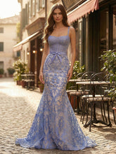 Blue Floral Sweetheart Spaghetti Straps Long Corset Prom Dress