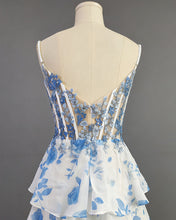 Blue Floral Tiered Ruffle Beaded Corset Long Prom Dress with Slit