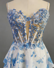 Blue Floral Tiered Ruffle Beaded Corset Long Prom Dress with Slit