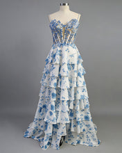 Blue Floral Tiered Ruffle Beaded Corset Long Prom Dress with Slit