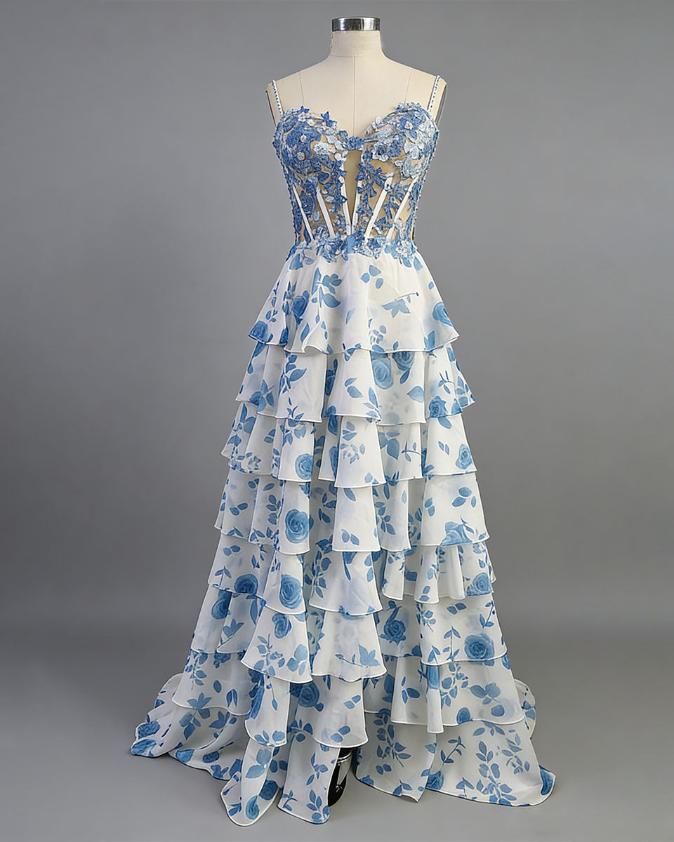 Blue Floral Tiered Ruffle Beaded Corset Long Prom Dress with Slit