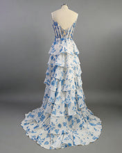 Blue Floral Tiered Ruffle Beaded Corset Long Prom Dress with Slit