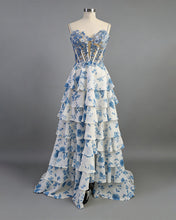 Blue Floral Tiered Ruffle Beaded Corset Long Prom Dress with Slit