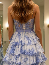 Blue Floral Spaghetti Straps Print Tiered A-Line Prom Dress