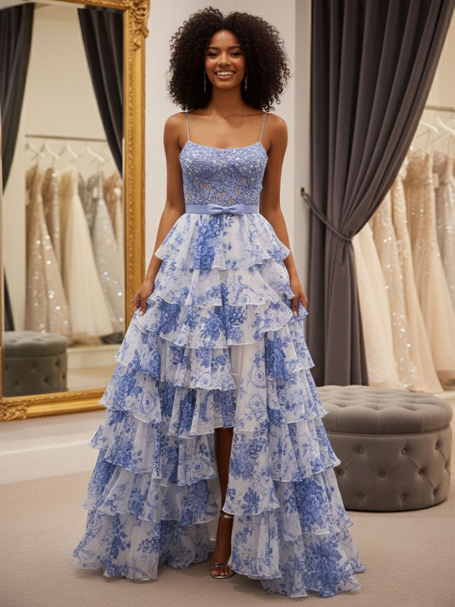 Blue Floral Tiered Ruffles High-Low Prom Dress with Beaded Bodice