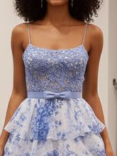 Blue Floral Tiered Ruffles High-Low Prom Dress with Beaded Bodice