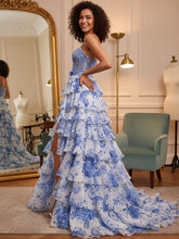 Blue Floral Tiered Ruffles High-Low Prom Dress with Beaded Bodice