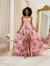 Blue Floral Tiered Ruffles High-Low Prom Dress with Beaded Bodice