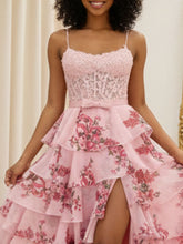 Blue Floral Tiered Ruffles High-Low Prom Dress with Beaded Bodice