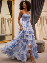 Blue Floral Tiered Ruffles High-Low Prom Dress with Beaded Bodice