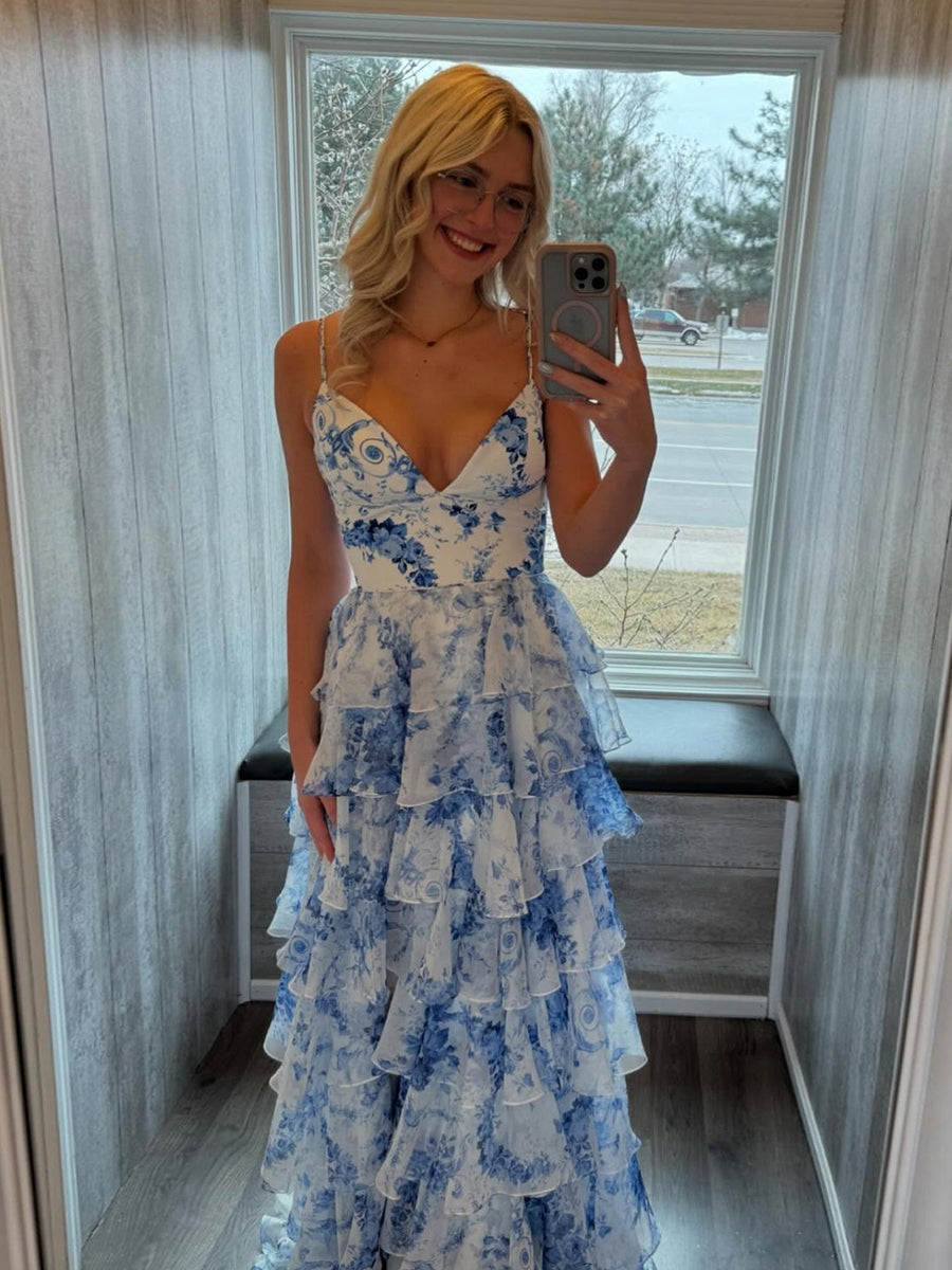Blue Floral V Neck Tiered Ruffle A-Line Prom Dress