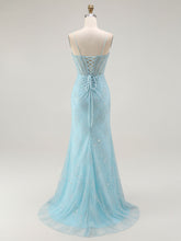 Blue Mermaid Spaghetti Straps Beaded Long Prom Dress with Slit