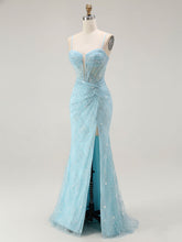 Blue Mermaid Spaghetti Straps Beaded Long Prom Dress with Slit