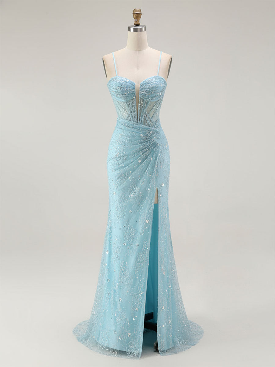 Blue Mermaid Spaghetti Straps Beaded Long Prom Dress with Slit