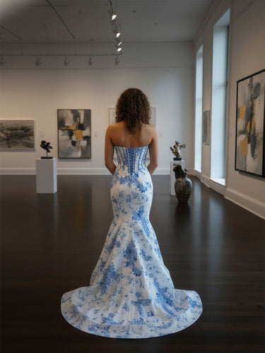 Blue Mermaid Strapless Sweetheart Floral Long Prom Dress