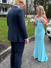 Blue Mermaid Straps Open Back Long Prom Dress