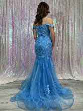 Blue Off-the-Shoulder Floral Lace Mermaid Long Prom Dress