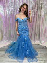 Blue Off-the-Shoulder Floral Lace Mermaid Long Prom Dress