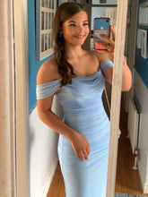 Blue Off The Shoulder Pleats Mermaid Long Formal Prom Dress