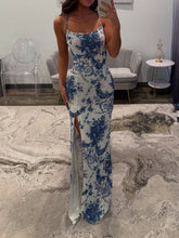 Blue Porcelain Print Spaghetti Straps Beaded Long Prom Dress with Slit