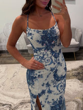 Blue Porcelain Print Spaghetti Straps Beaded Long Prom Dress with Slit