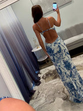 Blue Porcelain Print Spaghetti Straps Beaded Long Prom Dress with Slit