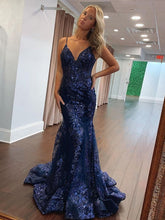 Navy Blue Sequin V Neck Corset Bodice Mermaid Long Prom Dress