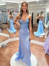 Blue Sequin V Neck Long Mermaid Prom Dress