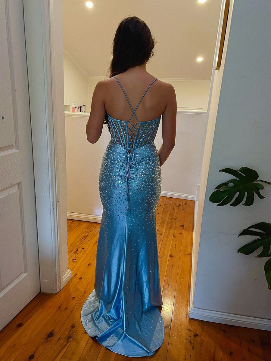Blue Spaghetti Strap Scattered Rhinestones Corset Prom Dress with Twisted Waist Anna PromDress Blue Spaghetti Strap Scattered Rhinestones Corset Prom Dress with Twisted Waist Anna PromDress