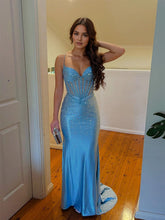 Blue Spaghetti Strap Scattered Rhinestones Corset Prom Dress with Twisted Waist