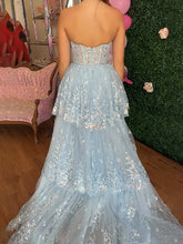 Blue Strapless Corset Bodice Sequin Prom Dress with Slit