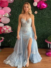 Blue Strapless Corset Bodice Sequin Prom Dress with Slit