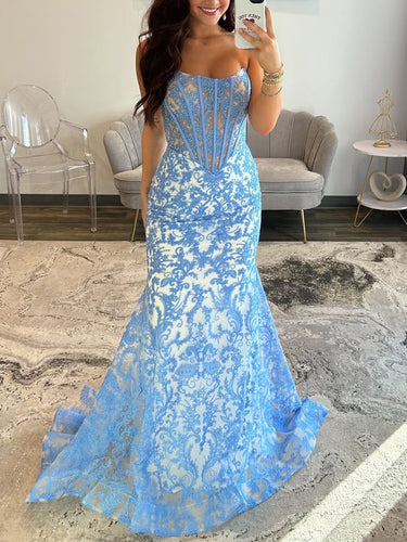 Blue Strapless Pearl Beaded Corset Ruched Long Prom Dress