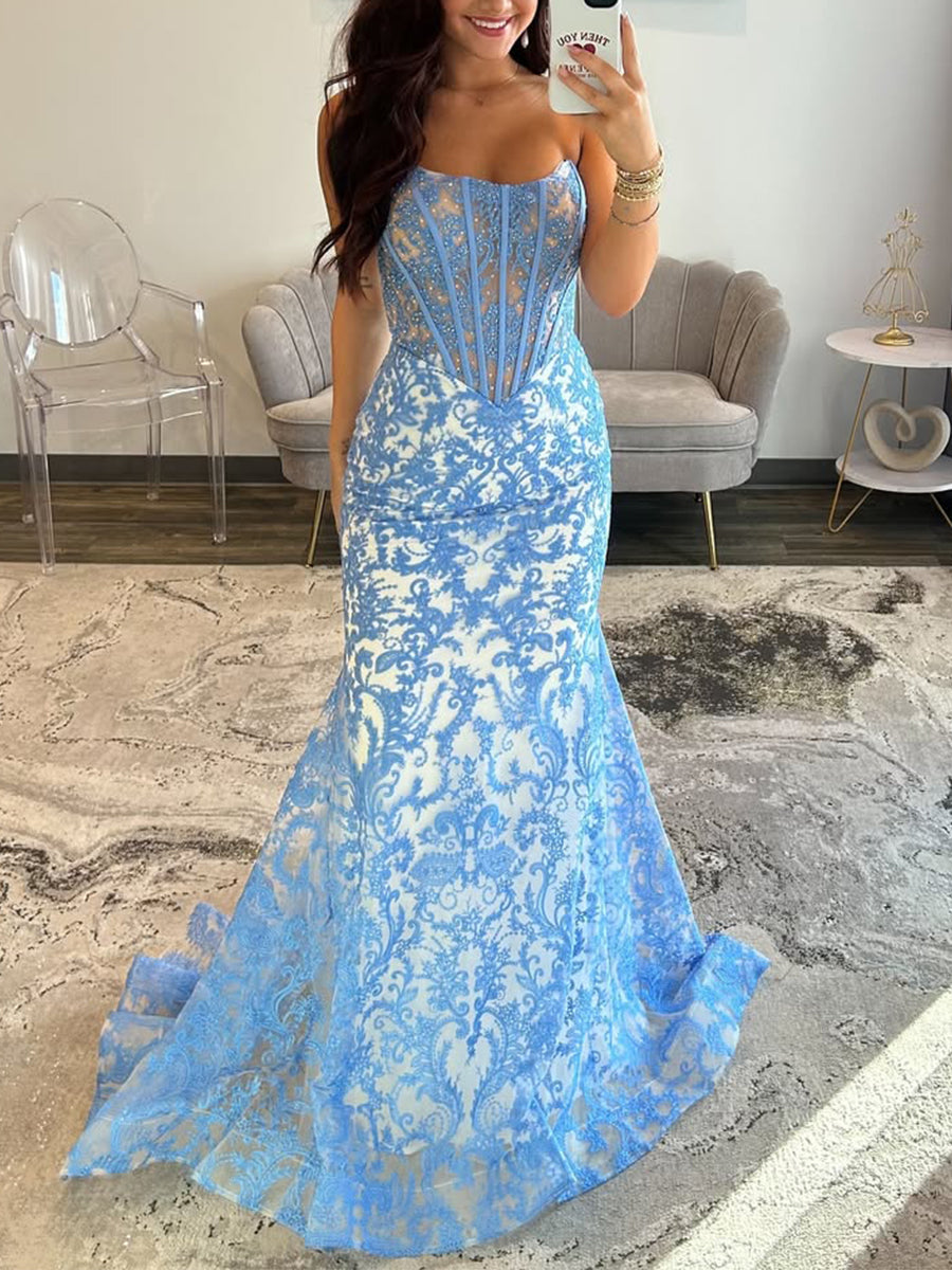 Blue Strapless Pearl Beaded Corset Ruched Long Prom Dress
